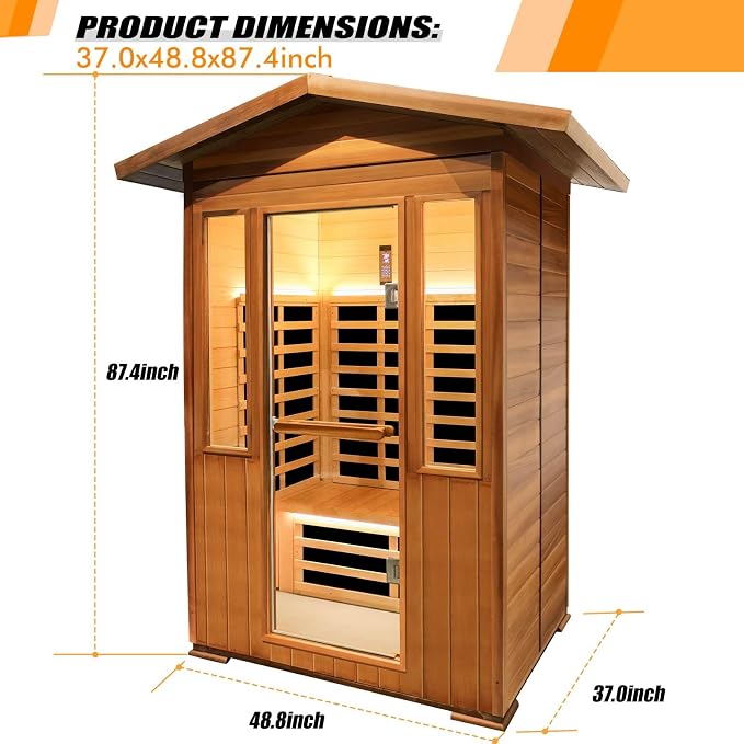 2 Person Outdoor Sauna Infrared Saunas Dry Sauna Room 120V Red Cedar and Canadian Hemlock Wood Wooden Sauna Spa 1800W APP Control 7 Color Light 48.8 * 37 * 87.4inch