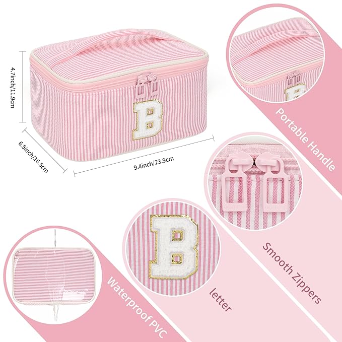 OCHEAL Makeup Bag Valentines Day Gifts for Women, Monogram Cosmetic Bag Pink Travel Makeup Case Beauty Toiletry Bag Organizer Personalized Gifts for Girls Bridesmaid, Sister, Wife, Friends Initial B