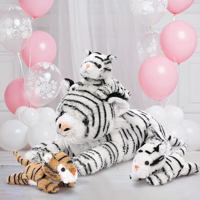 MaoGoLan 4Pcs White Tiger Stuffed Animals, 17.7 inches Large Tiger Plush Toy Set, Stuffed Mommy Tiger with 3 Cubs, Gifts for Boys Girls, Birthday Christmas Festive Decor