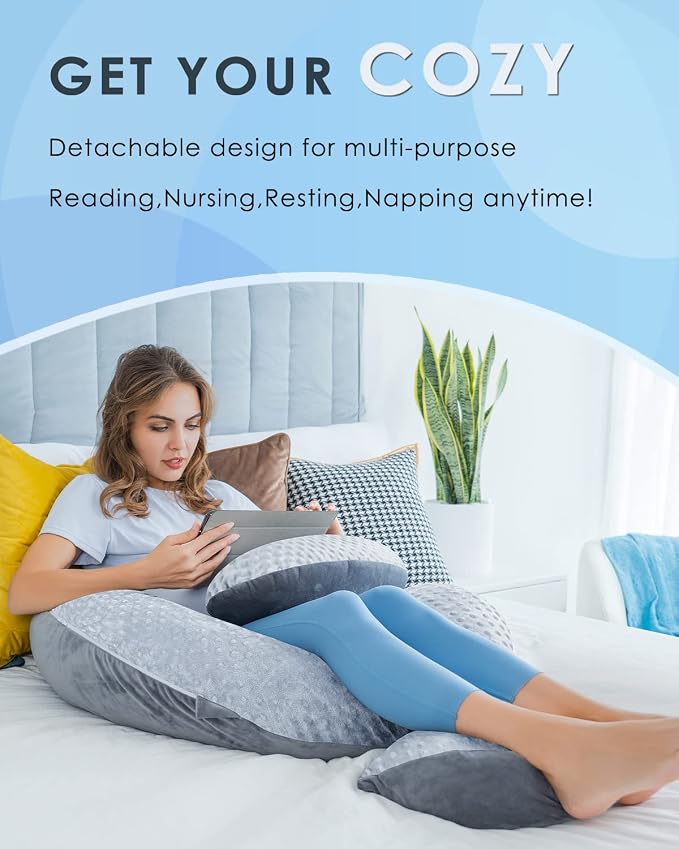 QUEEN ROSE Pregnancy Pillow E Shaped with Detachable Wedge, Adjustable Full Body Maternity Pillow for Sleeping, Dual-Sided Velvet Cover, 60 Inch Support for Side Sleepers, Grey