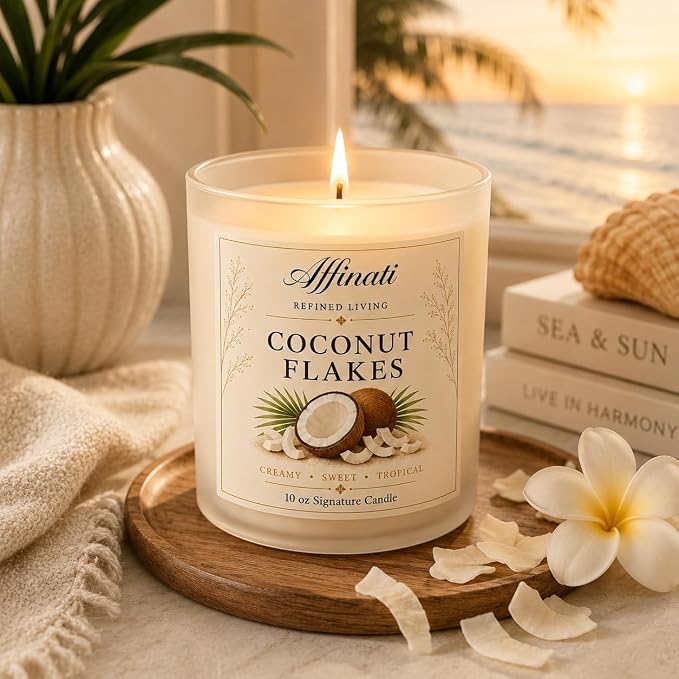 Affinati Coconut Flakes 10 oz Scented Candle – Long Lasting Luxury Soy Blend Candle for Home, Strong Scent Throw Sweet Toasted Paradise Tropical Vibe Candle, Premium Clean Burning Gift