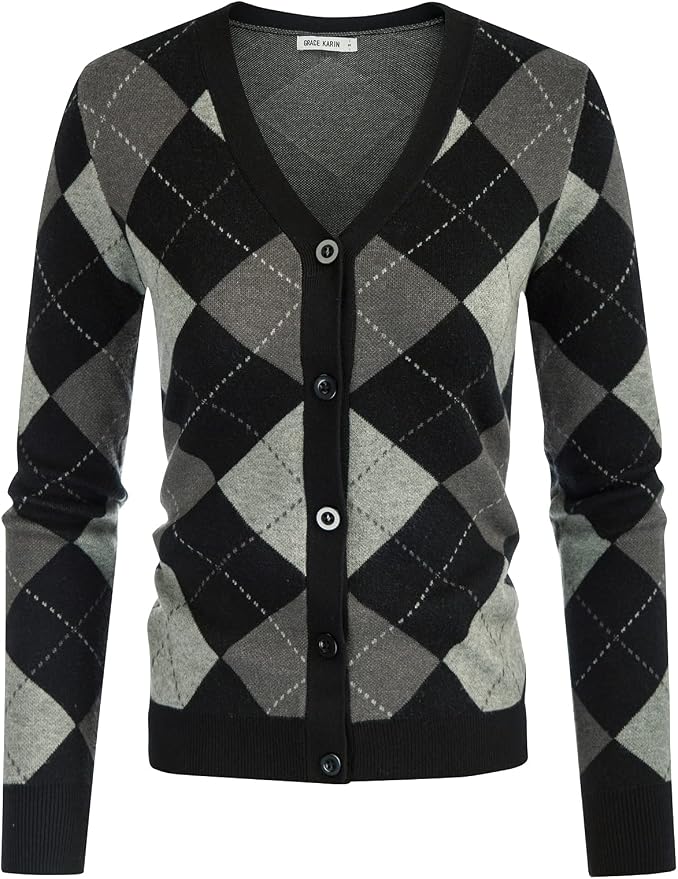 GRACE KARIN Womens Cardigan Sweater Fall Fashion Argyle Sweater Button Up Cardigan Teacher Outfits Preppy Clothes