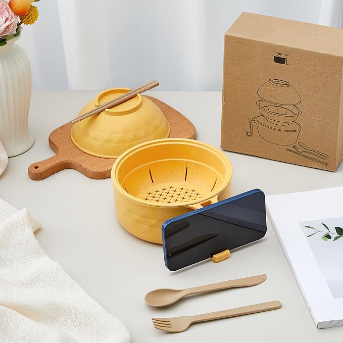 1 Set Microwave Ramen Cooker 40oz Wheat Straw Microwave Noodle Bowl Set with Chopsticks, Spoon, Fork, College Dorm Office Apartment Essentials (Yellow)