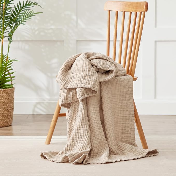 Cooling Throw Blanket Twin XL 66" x 90", 6 Layers Muslin Blankets 100% Cotton, Breathable and Lightweight Twin Blanket for Bed, Soft Bedspread, Gauze Bedding for All Season, Beige Linen