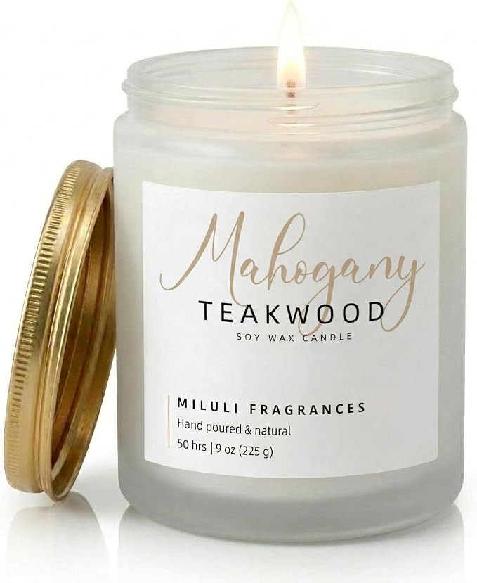 Mahogany Teakwood Scented Candles for Home - 15% Essential Oil Luxury Aromatherapy - Handmade Natural Soy Wax Candle for Women Men Relaxation - 9oz Frosted White Jar,50H Clean & Non-Toxic Burn