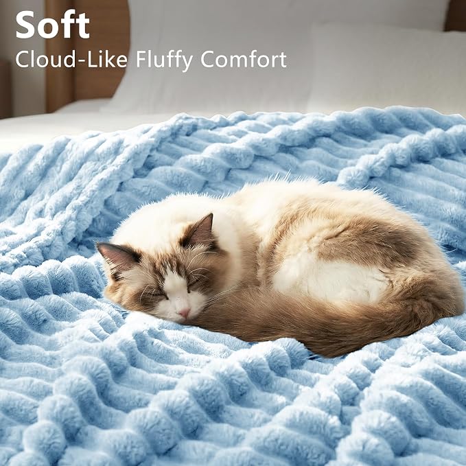 HIMEET Light Blue King Blanket for Bed, 300GSM Ribbed Fleece, 108 x 90 in | Ultra Soft Flannel, All-Season Lightweight Warmth, Generous Bed Coverage & Home Decor, Gift for Men & Women, Machine Washable