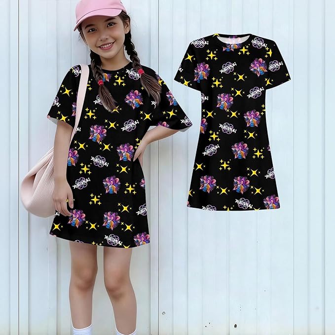 Girl's Anime K-POP Graphic Long Dress T-Shirt - Casual Loose Fit Short Sleeve Top