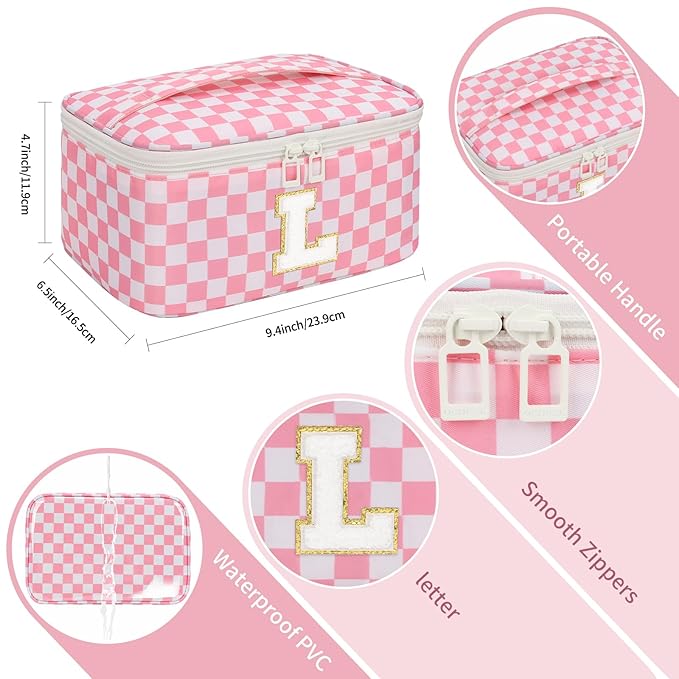 OCHEAL Makeup Bag Valentines Day Gifts for Women, Monogram Cosmetic Bag Pink Travel Makeup Case Beauty Toiletry Bag Organizer Personalized Gifts for Girls Bridesmaid, Sister, Wife, Friends Initial L