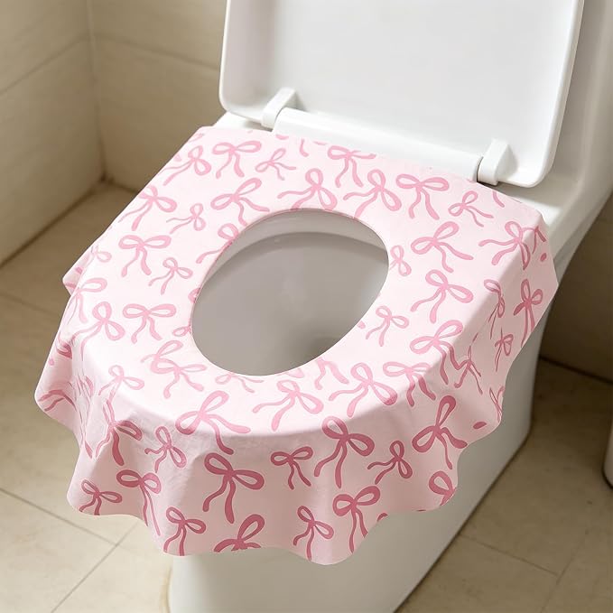 Whaline 30Pcs Pink Bow Disposable Toilet Seat Cover Cute Coquette Bowknot Large Waterproof Potty Training Seat Cover Pad for Kids Adults Traveling Home Hotel Bathroom Restroom