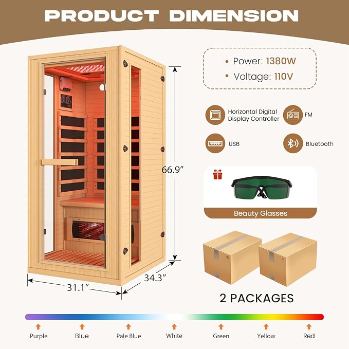 1 Person Infrared Sauna with Red Light Therapy, Full Spectrum Sauna for Home, Indoor Dry Saunas with Rapid Heating 4 Carbon Panels and 1 Carbon Tube, Oxygen Bar and 7 Color Therapy Lights, 110V