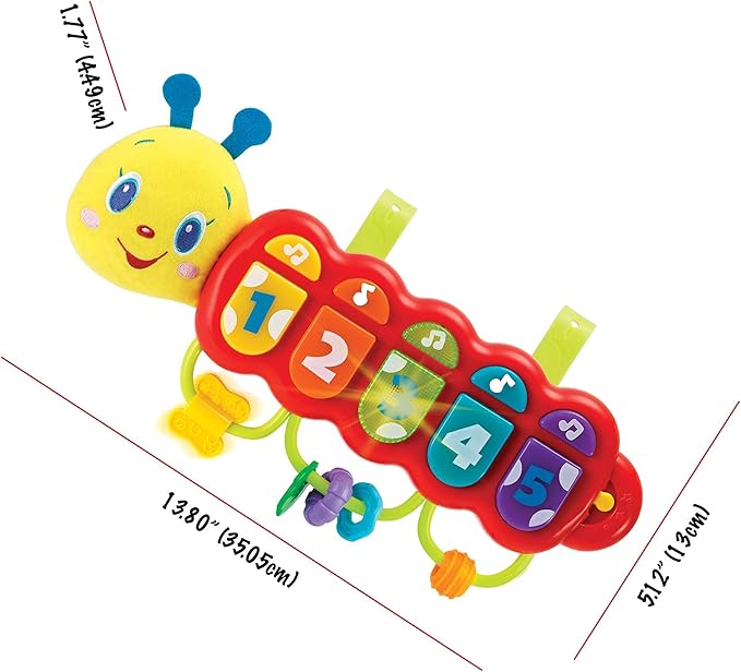 KiddoLab Lira Baby Musical Toy with Lights & Music – Interactive Caterpillar Spinner & Stacking Rings for Infants 3+ Months – Soft Stuffed Animal Head for Sensory Play