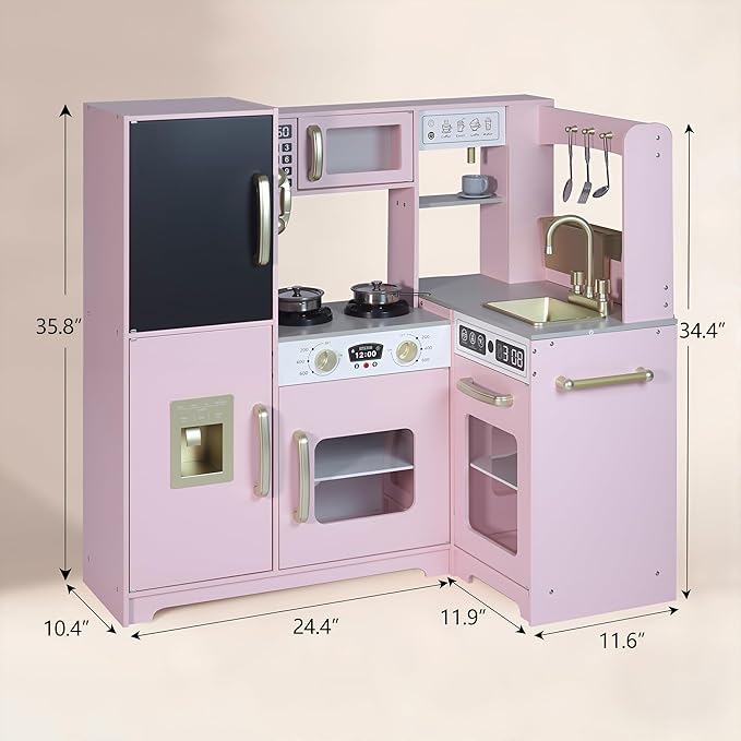 Play Corner Kitchen, Ultimate Interactive Wooden Kids Playset with Light, Light, Montessori Pretend Play Toys, Kids Cooking Playset for Girls & Boys Ages 3+(Pink)