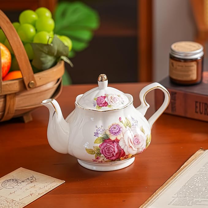 Agyiuns Flower Ceramic Teapot,22oz Porcelain Tea pot for Tea Coffee Milk for Office Home Men Women as Gift (Rose)