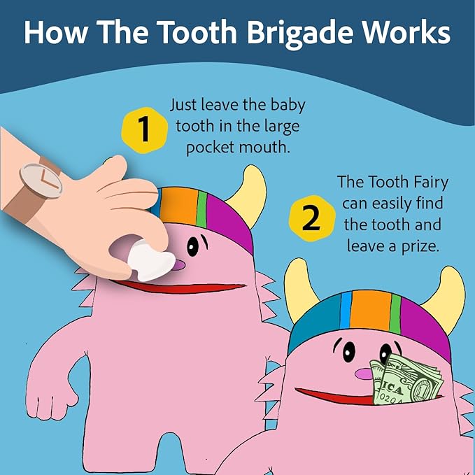 The Tooth Brigade Tooth Fairy Pillow | Stuffed Plush with Large Pocket Mouth for Lost Teeth, Treasures, Prizes - Fun and Interactive Plush, Perfect Kids, Boys, & Girls Gift (Ollie Monster)
