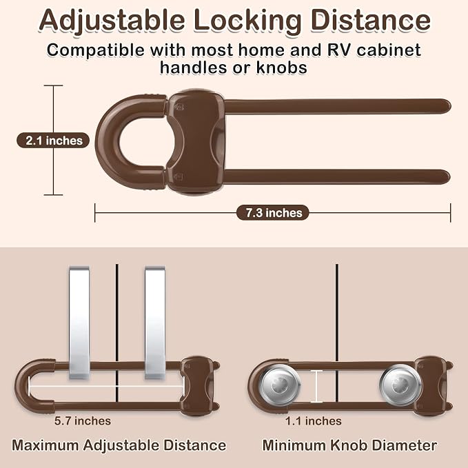 10 Pcs Sliding Cabinet Latches, U Shaped Cabinet Door Locks, Baby Cabinet Safety Latches for Baby Proofing, No Drilling Tool-Free Installation Easy to Use for Knobs or Handle Double Door (Brown)