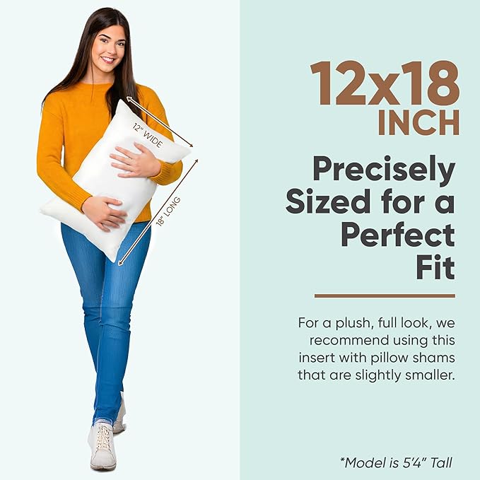 Pillowflex Synthetic Down Pillow Insert 12x18 in - Karate Chop Pillow | Small Rectangle Sham Form, Plush Polyester Cotton Blend, Cloud-Like Comfort, Clump-Resistant Fill, Smooth Elegant Finish