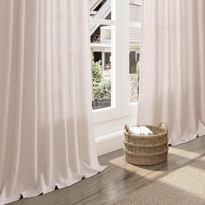 Nanspring Natural White Linen Curtains 96 Inches Long for Living Room Light Filtering Neutral Farmhouse Decor Curtains Back Tab and Rod Pocket Privacy Sheer Curtain for Bedroom 52x96, 2 Panels