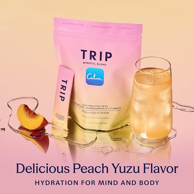 TRIP Electrolytes Powder Packets with Magnesium, Ashwagandha & Vitamin D. Peach Yuzu Daily Hydration Packets, Vegan, Electrolyte Drink Mix, Calming Hydration Powder, 20 Sachets