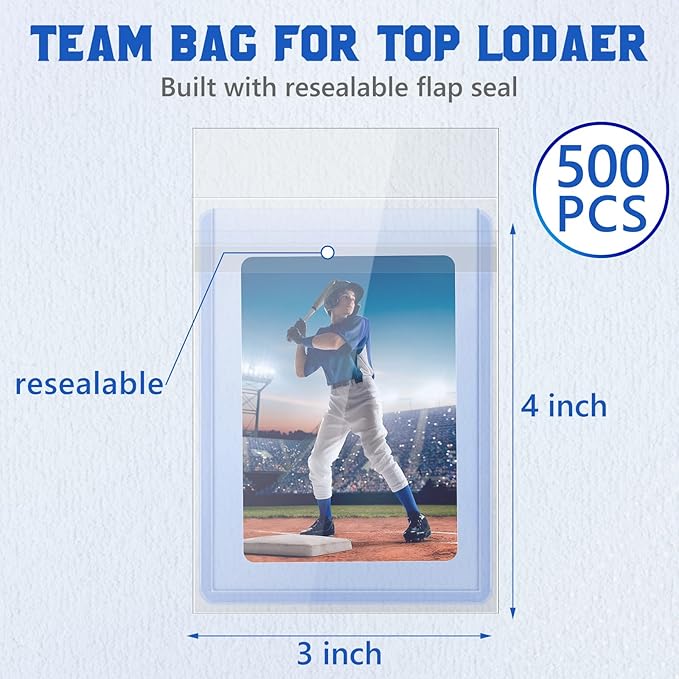 DEDC 500 Pcs Resealable Team Bags for Card Sleeves Set with Bottom Adhesive Strip Clear Cards Sleeve for Top Loaders & Raw Cards Thick Trading Card Protectors for Long-Term Storage & Display