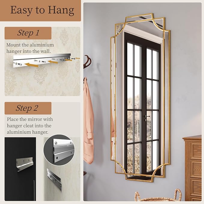 Kelly Miller 24"x58" Gold Foil Scalloped Edge Decorative Full Length Mirror | Hand-Applied Gold Foil Finish. HD Mirror With French Cleat. Elegant Beveled Wall Mirror Decor For Bathroom Bedroom Entryway.