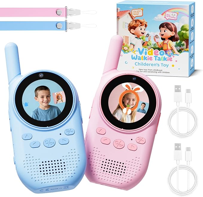 Video Walkie Talkies for Kids, Rechargeable Kids Walkie Talkies with Screen Display & Voice Changer, Outdoor Toys for 3-12 Years Boys Girls Birthday Christmas (Bule/Pink)