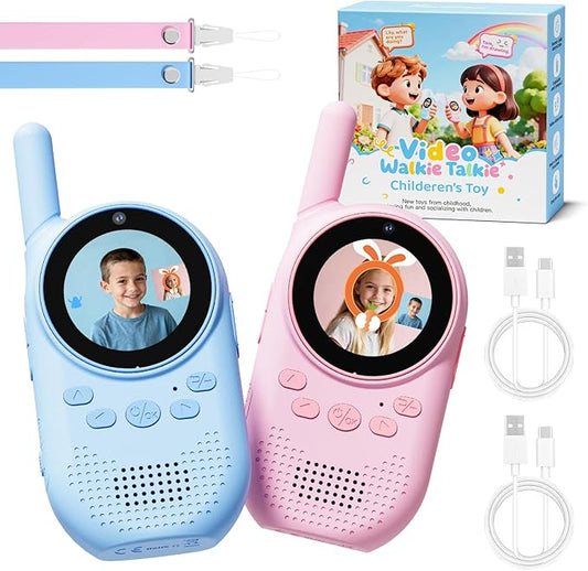 Video Walkie Talkies for Kids, Rechargeable Kids Walkie Talkies with Screen Display & Voice Changer, Outdoor Toys for 3-12 Years Boys Girls Birthday Christmas (Bule/Pink)
