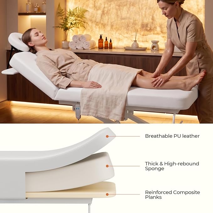 Paddie 550lbs Hi-Lo Electric Massage Table Professional, White | Hydraulic Adjustable Backrest, Adjustable Face Cradle, Rolling Wheels