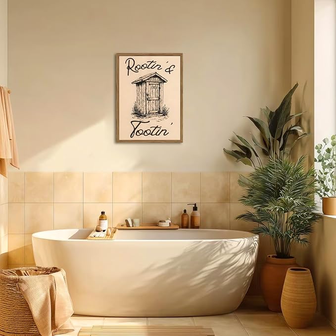 Cute Western Bathroom Wall Art Vintage Southwest Rustic Restroom Wall Decor Painting, Western Cowboy Ranch Toilet Rootin Tootin Poster Canvas Print Picture 12x16 inch Wood Framed