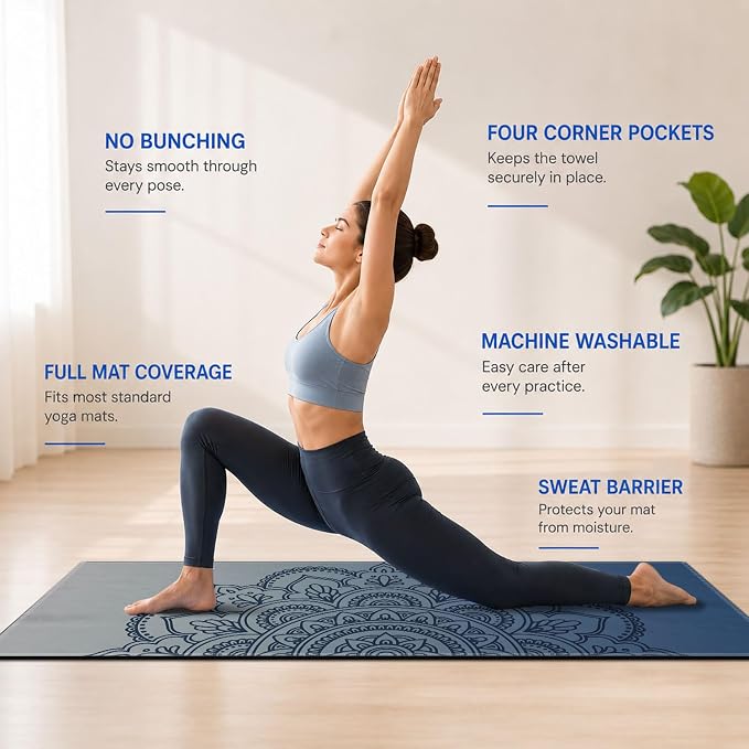 Yoga Mat Towel, Hot Yoga Non Slip with 4 Corner Pockets, 74 x 26 in | Soft Absorbent Microfiber With Four Corner Pockets, Fits Over Yoga Mats For Hot Yoga, Pilates, Gym, And Travel