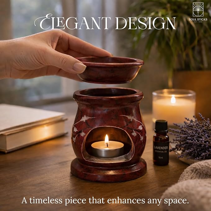 SOUL STICKS Stone Soapstone Aroma Lamp Stylish Beautiful Elegant Decorative Handcrafted Aroma Wax Burner Oil Diffuser for Aromatherapy, Meditation and Home Fragrance with Tealight Holder, 3 (Red)