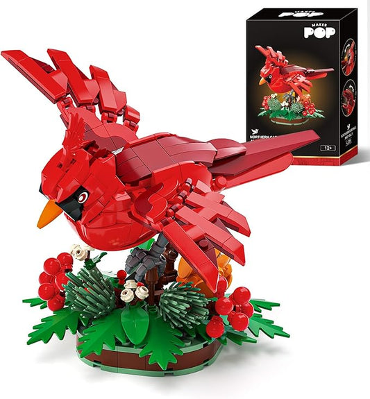 Northern Cardinal Building Block Set, Male Northern Cardinal Fly in Winterberry Plant Bush, Red Bird Figurine, Ideal for Home and Office Décor, Christmas Toy Gift for Kids, Adults