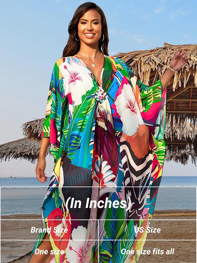 ChiaoLezhee Print Moo-Moos for Women, Kaftan Cover-Up Dresses, Sexy V-Neck High-Slit, Beach Pool-Party Coverups Muumuu Plus