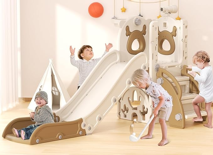 YUFU 7 in 1 Kids Slide for Toddlers, Toddler Slide Playset with Golf, Climber, Basketball Hoop and Ball, Indoor Outdoor Toddler Playground for Kids Age 1-3 (Brown)