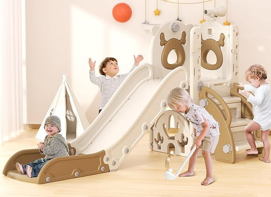 YUFU 7 in 1 Kids Slide for Toddlers, Toddler Slide Playset with Golf, Climber, Basketball Hoop and Ball, Indoor Outdoor Toddler Playground for Kids Age 1-3 (Brown)