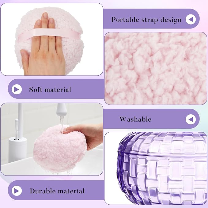 Tioncy 2 Pcs Extra Large Dusting Powder Puff and Container for Women-6'' Glass Crystal Dusting Powder Container with Body Soft Washable Reusable Velour Face(Purple,Weave Design)