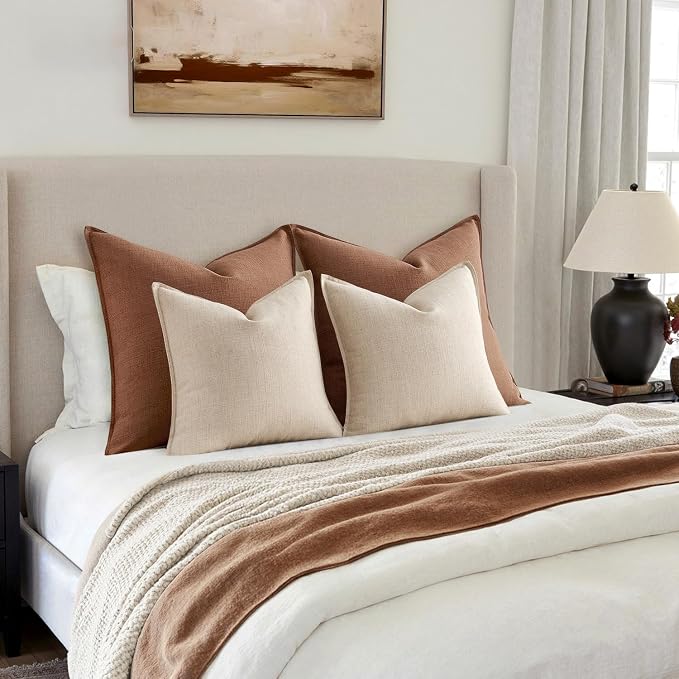 MIULEE Thick Textured Decorative Throw Pillow Covers 16x16 in Natural Linen | Set of 2, Linen Blend Pillow Cover, Flange Edge Design, Farmhouse Modern Boho Style, Bed Couch Living Room Decor