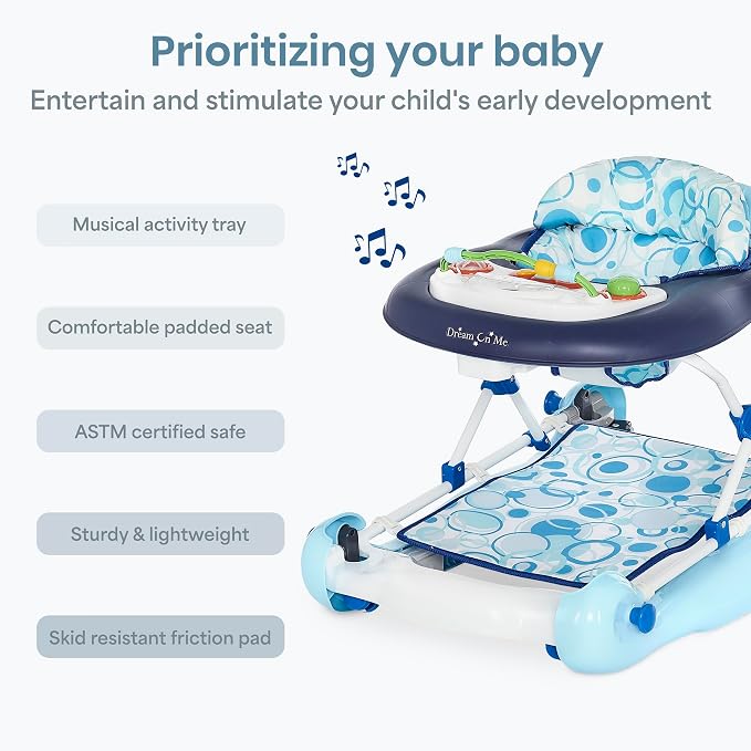 Dream On Me Go-Getter Baby Walker with Rear Push Handle, 2-in-1 Activity Walker and Walk-Behind, 3 Height Adjustments, Easy to Fold, Machine-Washable Seat Pad, Detachable Fun Tray, Blue