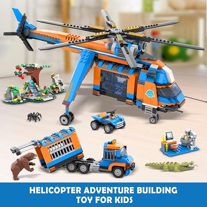 CUBIMANA City Jungle Adventurer Helicopter Building Toys - 1356PCS Forest Truck Adventure Building Set with Car Crocodile Brown Bear Wildlife Rescue Blocks Playset Easter Gift for Kids Boys 6+
