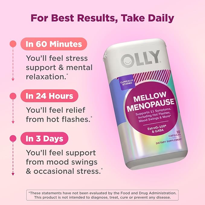 OLLY Mellow Menopause Supplements for Women, Supports Hot Flashes, Vaginal Dryness & Occasional Mood Swings,* Estro-G100®, GABA, Vegan Capsules, 1 Month Supply - 30 Count