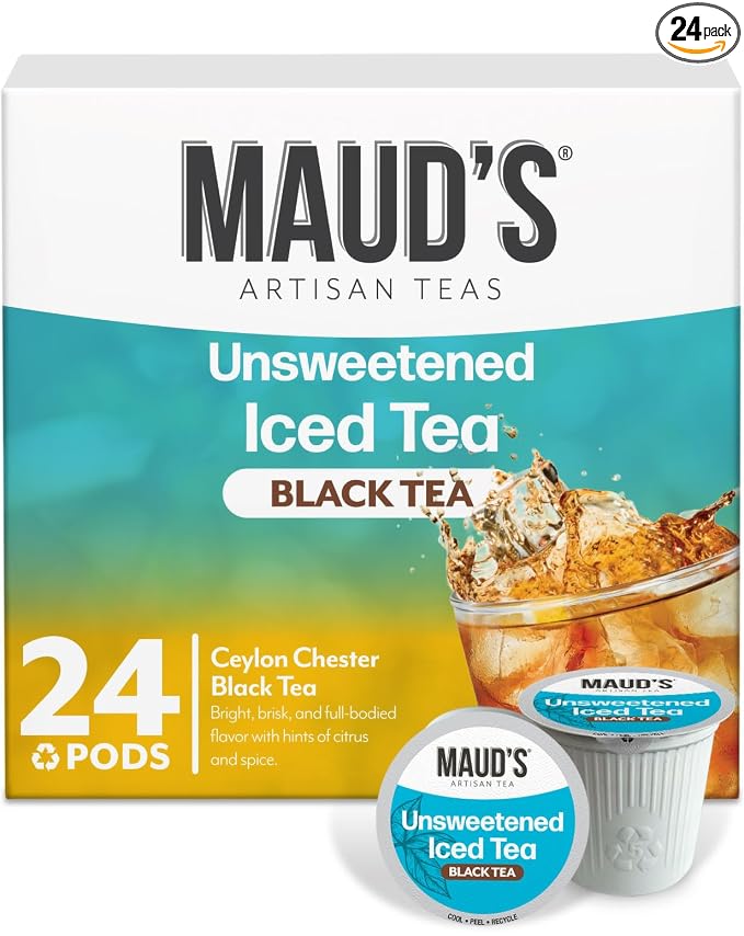 Maud's Iced Black Tea Pods, 24 ct, Single Serve Pods – 100% Gourmet Blended Tea Leaves, Compatible with Keurig K Cups Maker