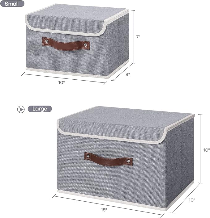 ANMINY Fabric Storage Box Bins with Lids, Gray, 15"x10"x10" | Keepsake Memory Storage, Cotton Linen, PP Board Reinforced, Washable, PU Handles, Foldable & Stackable, Decorative, Large
