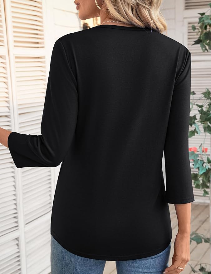 LOMON 3/4 Length Sleeve Womens Tops Spring Summer Fashion 2026 Tops Crew Neck Pleated Shirts Tunic Top Loose Fit