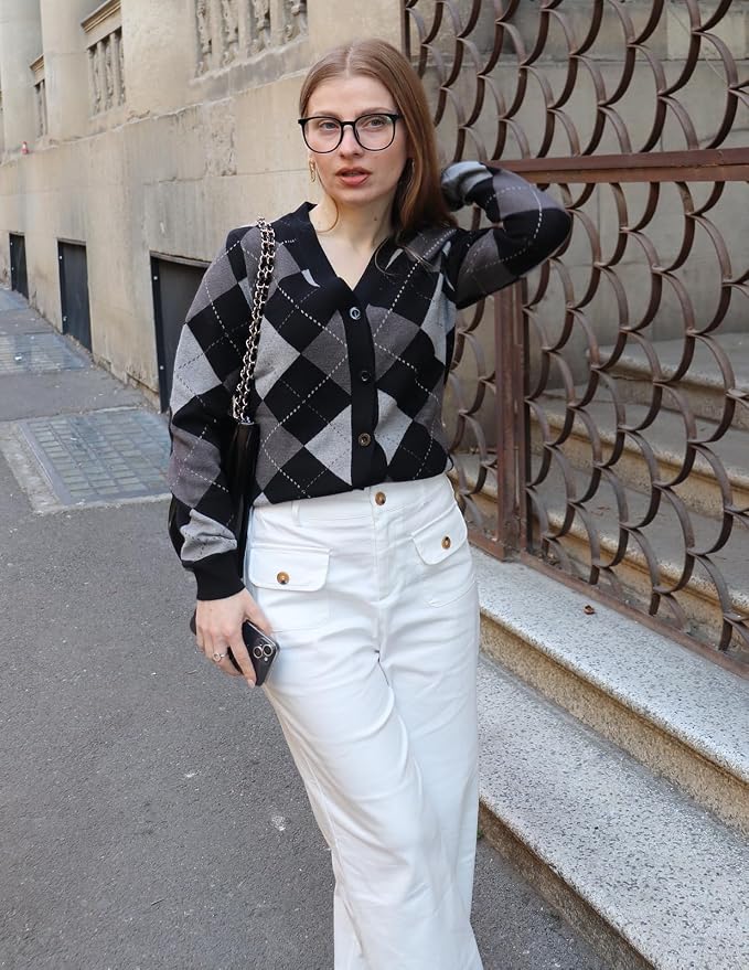 GRACE KARIN Womens Cardigan Sweater Fall Fashion Argyle Sweater Button Up Cardigan Teacher Outfits Preppy Clothes