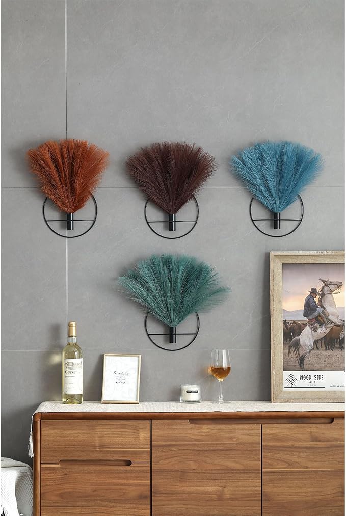 Pretty Jolly Boho Pampas Wall Decor Black Metal Wall-Mounted Art | Morden Artificial Greenery Display，2 Pack Hanging Planter For Living Room, Bedroom, Bathroom, Dining room
