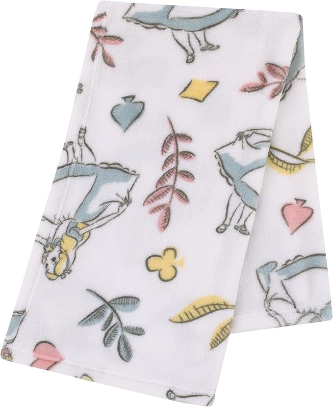 Disney Alice in Wonderland Light Blue, Pink, Yellow, and White Super Soft Plush Baby Blanket