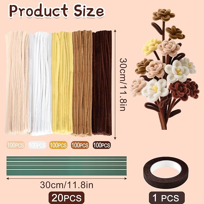 ASTARON 521 Pcs Pipe Cleaners Craft Set, 5 Colors Pipe Cleaners Bulk Pastel Chenille Stems for Craft Pipe Cleaner Flowers Making Kit with Floral Wires, Gardening Tape (Yellow Brown Series)