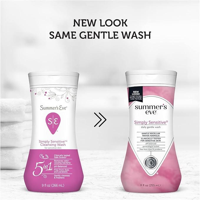 Summer’s Eve Simply Sensitive Feminine Cleansing Wash, Daily Gentle Intimate Wash, Removes Odor, pH Balanced, Hypoallergenic for Sensitive Skin, 9 Ounce (Pack of 8)