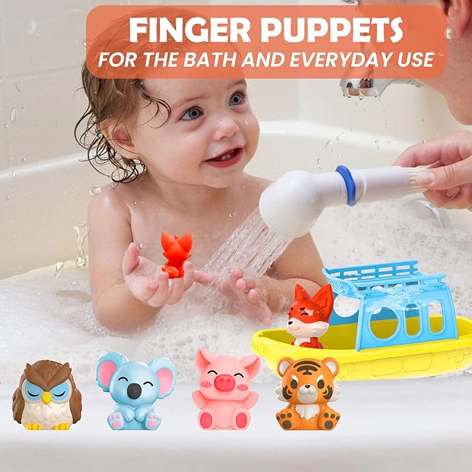 Oriate Bath Toys for Kid, 1 Boat and 5 Silicone Animal Finger Puppets, Sensory Learning Toy Set in The Bathtub, Pool, Beach, Gifts for Kids Boys Girls 3 4 5 6 Year Old