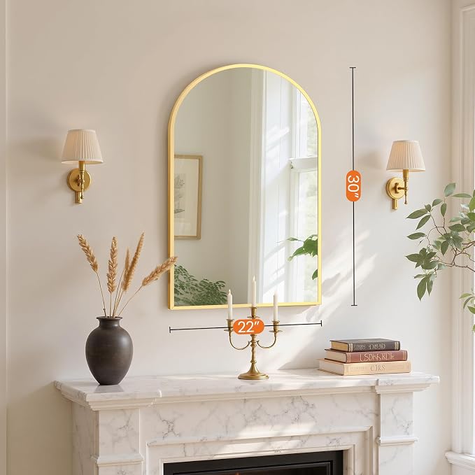 Sweetcrispy 22"x 30" Arched Gold Bathroom Mirrors for Wall | Bathroom Mirrors for over sink, Metal Framed with HD Shatter-Proof Glass for Entryway, Bedroom, Dressing Room, Home Decor