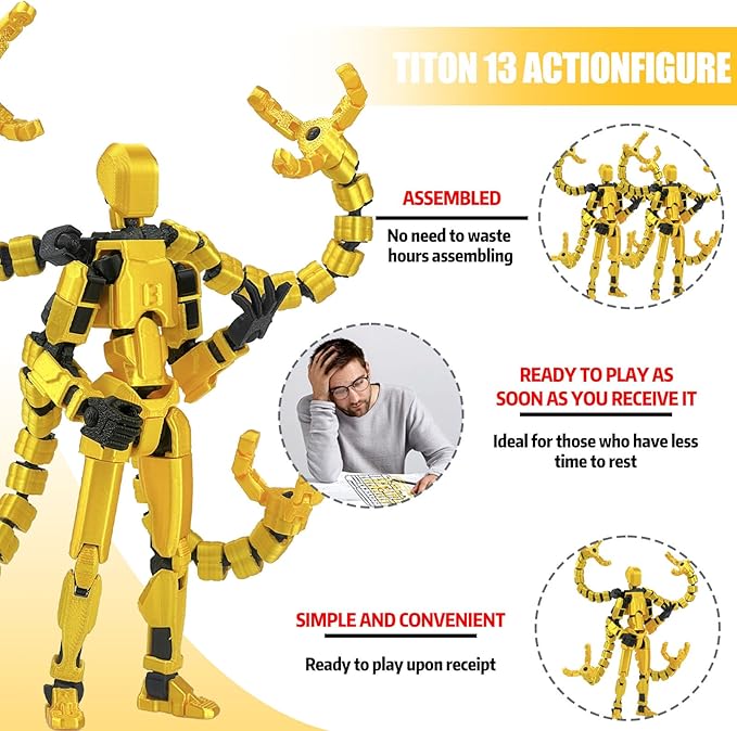 Already Assembled T13 Action Figure Accessories,T13 Multi-Jointed Movable,for Collectors Desktop Decorations t-13 Movability 3D Printed Toys (Yellow, 5.5inch)